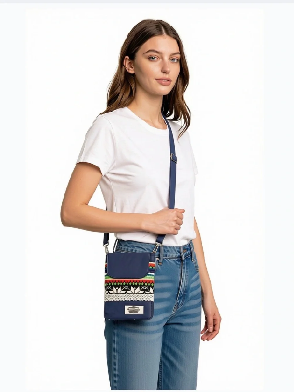 Compact Denim Canvas Crossbody Phone Bag with Bohemian Style Multicolor Trim